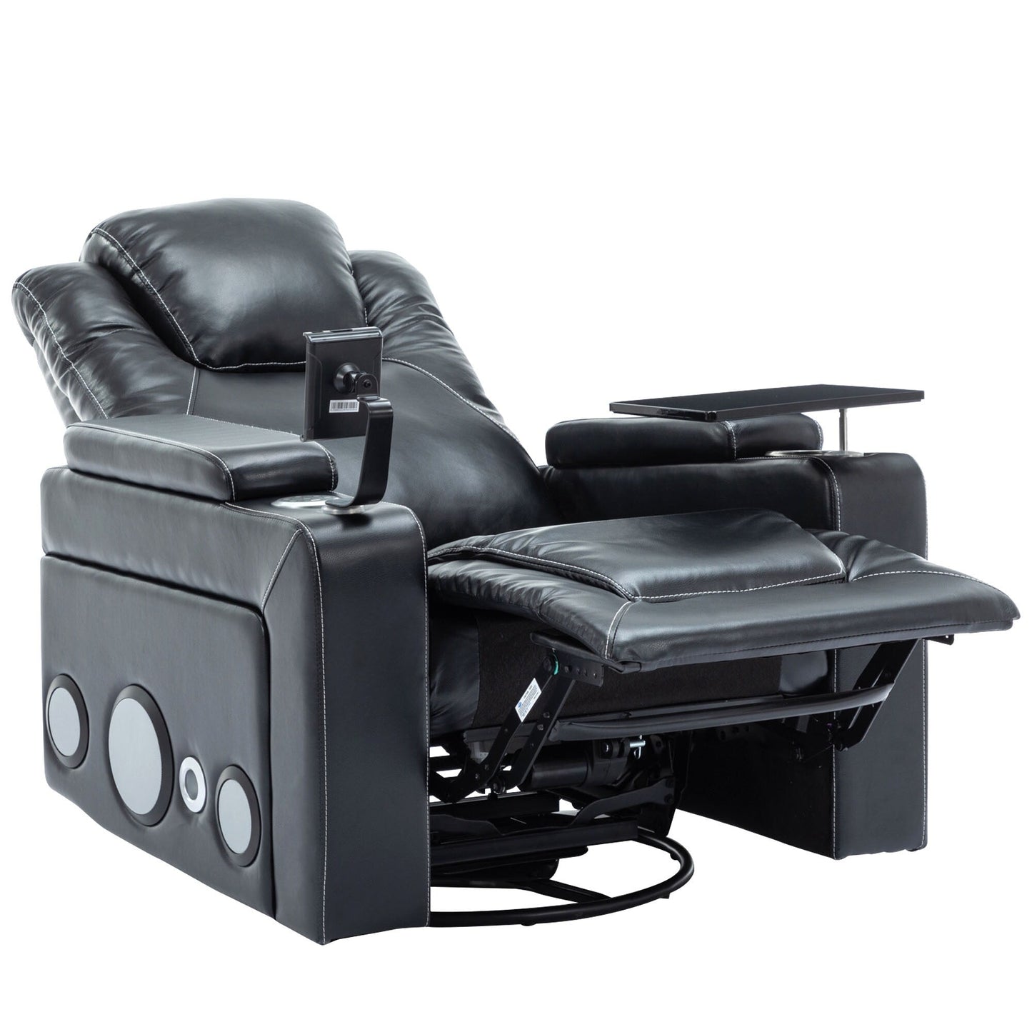 Fauteuil inclinable électrique pivotant à 270° en cuir PU avec son surround intégré, plateau amovible et rangement dissimulé pour les accoudoirs.