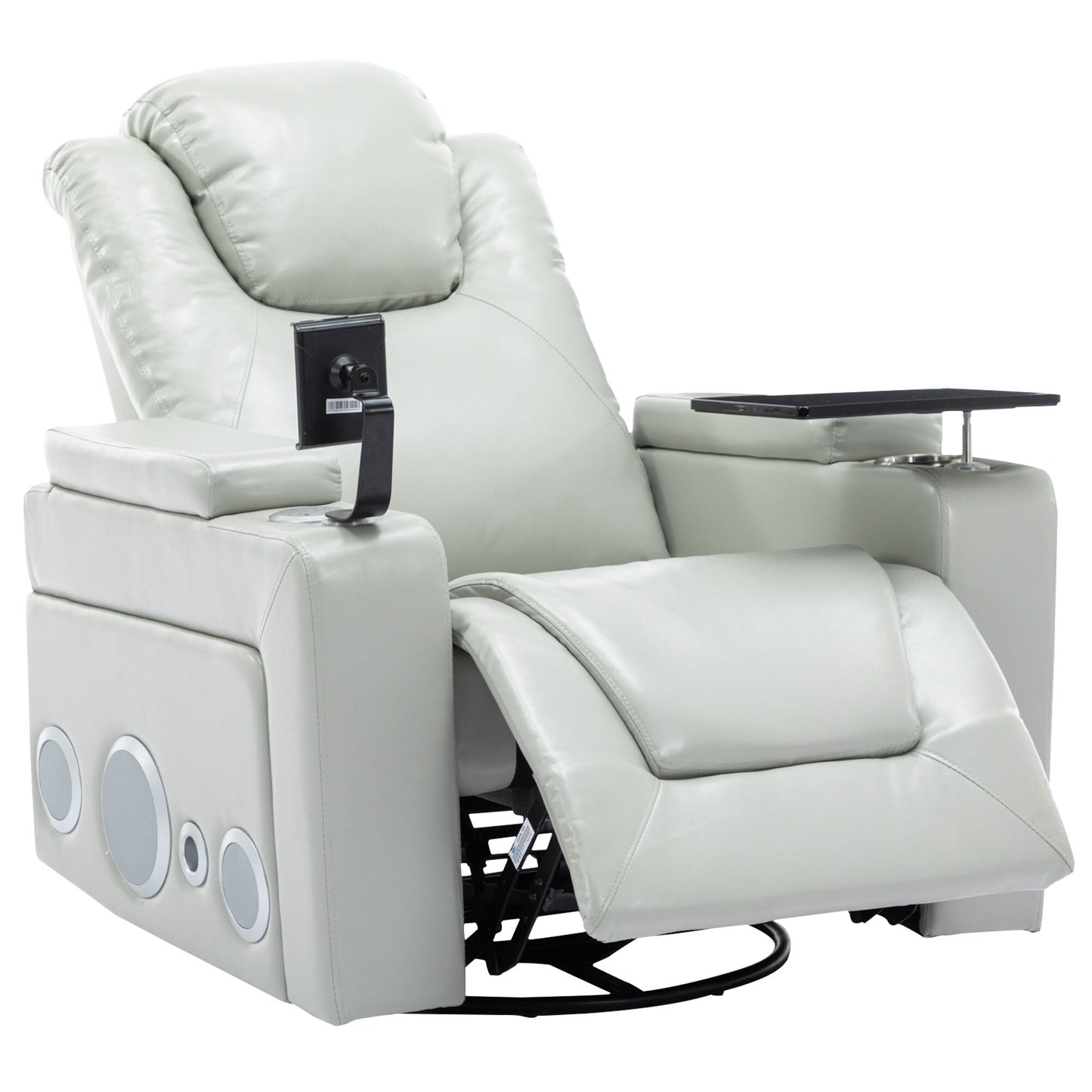 Fauteuil inclinable électrique pivotant à 270° en cuir PU avec son surround intégré, plateau amovible et rangement dissimulé pour les accoudoirs.