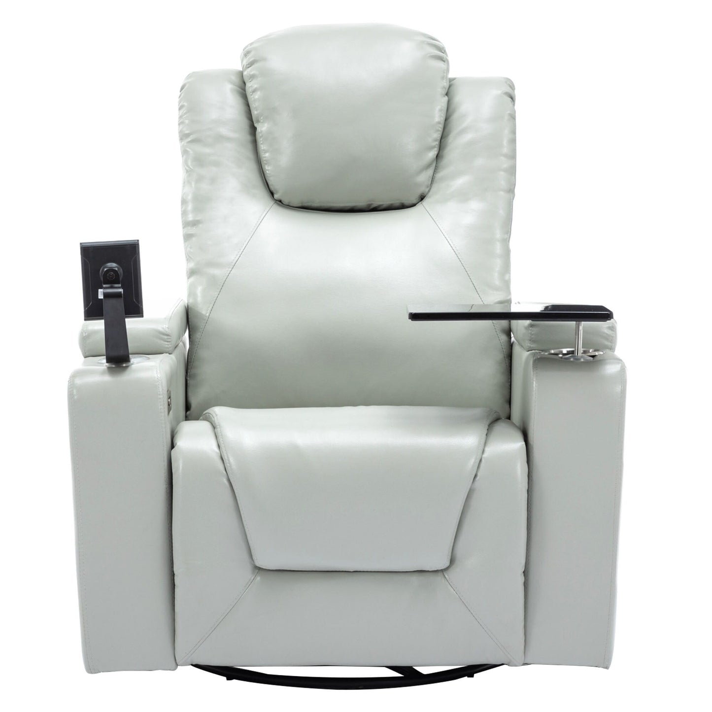 Fauteuil inclinable électrique pivotant à 270° en cuir PU avec son surround intégré, plateau amovible et rangement dissimulé pour les accoudoirs.