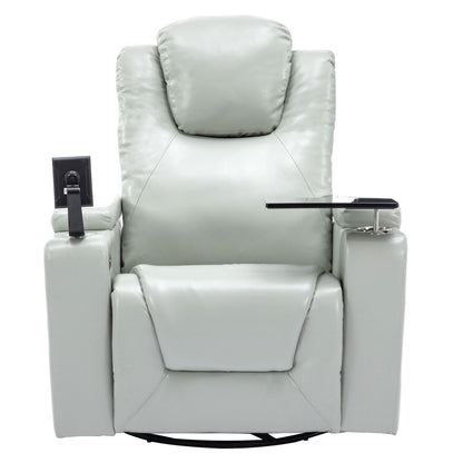 Fauteuil inclinable électrique pivotant à 270° en cuir PU avec son surround intégré, plateau amovible et rangement dissimulé pour les accoudoirs.