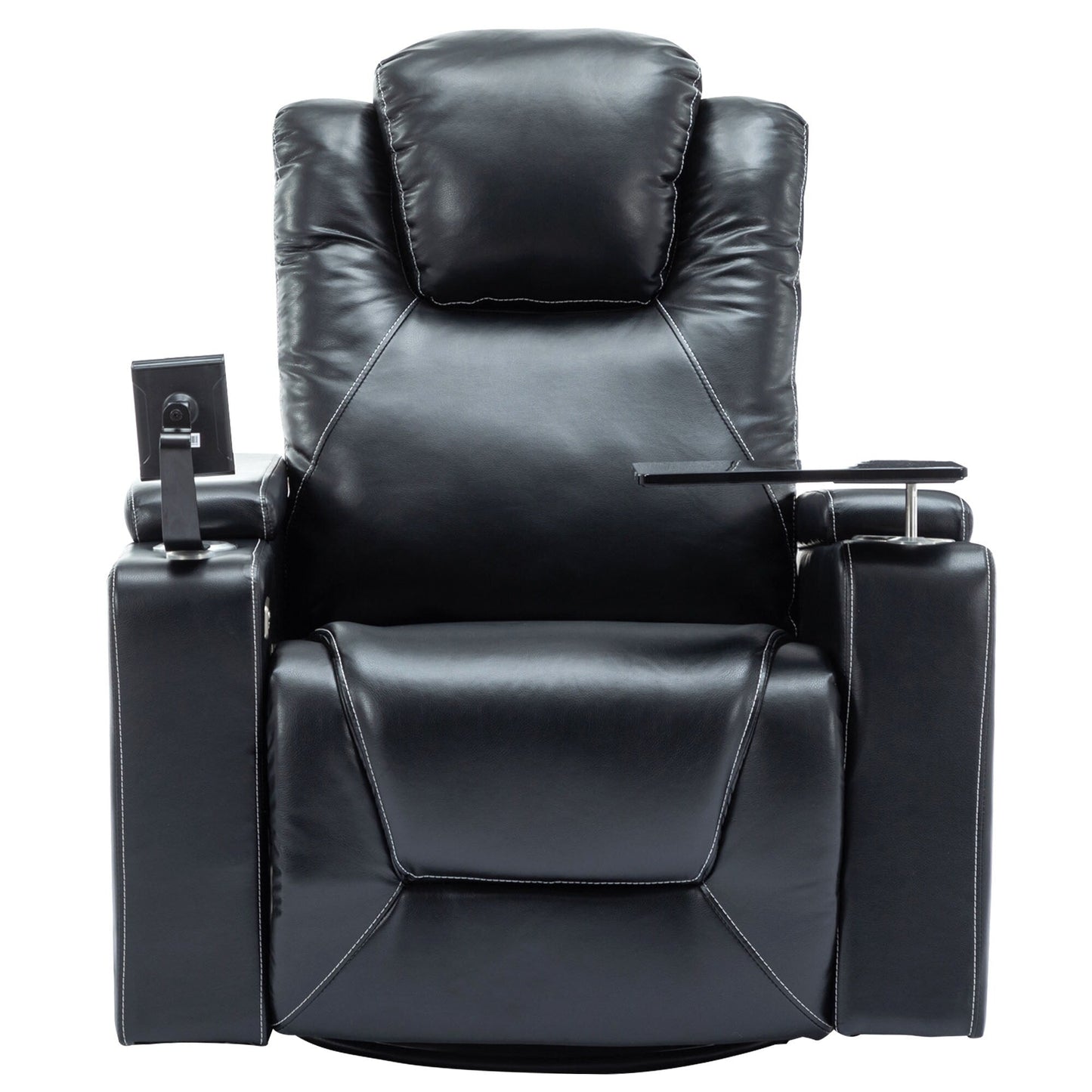 Fauteuil inclinable électrique pivotant à 270° en cuir PU avec son surround intégré, plateau amovible et rangement dissimulé pour les accoudoirs.