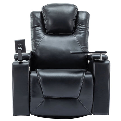 Fauteuil inclinable électrique pivotant à 270° en cuir PU avec son surround intégré, plateau amovible et rangement dissimulé pour les accoudoirs.