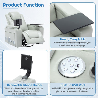 Fauteuil inclinable électrique pivotant à 270° en cuir PU avec son surround intégré, plateau amovible et rangement dissimulé pour les accoudoirs.