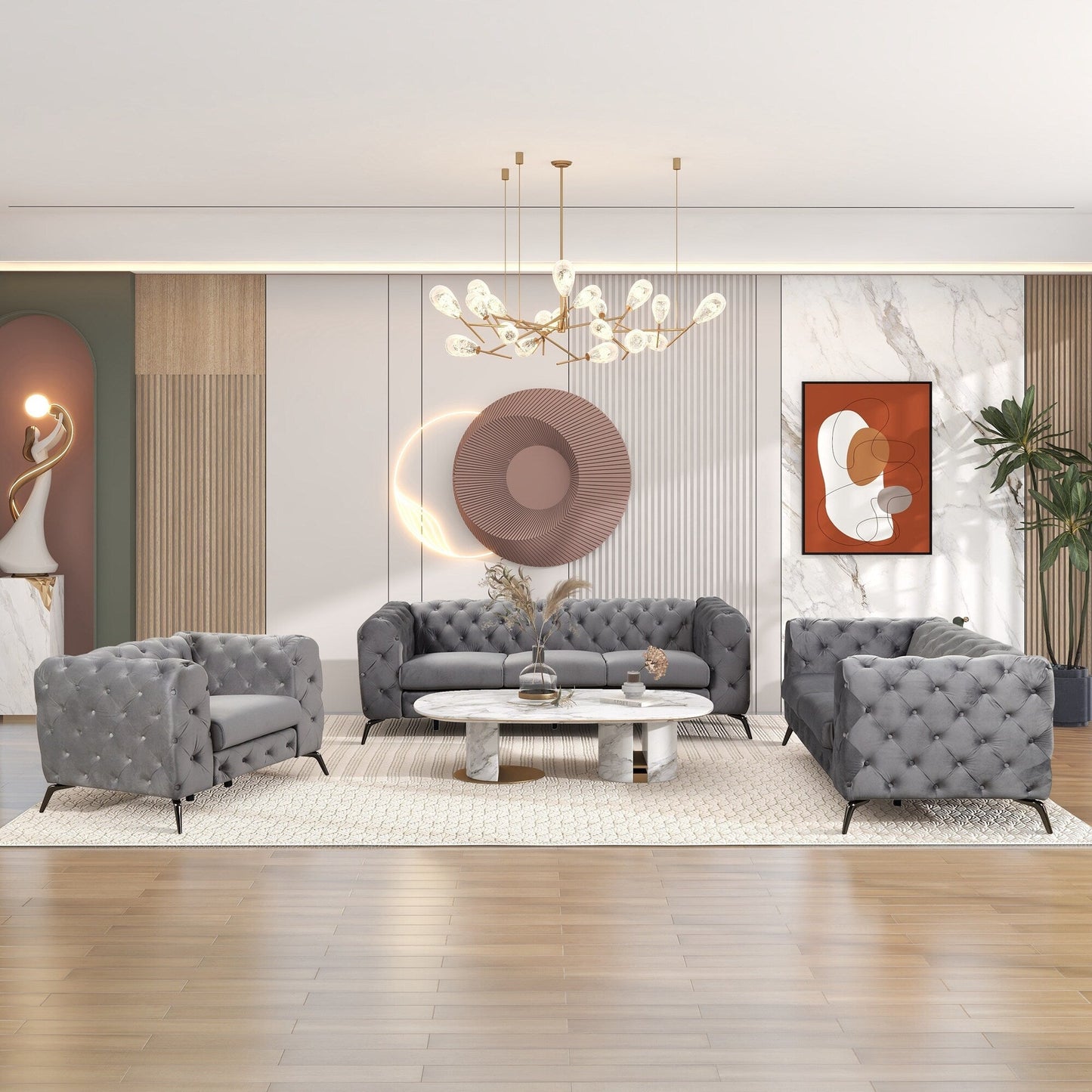 Ensemble de canapés rembourrés en velours 3 pièces Roomfitters avec pieds en métal robustes, comprenant un canapé trois places, une causeuse et une chaise simple