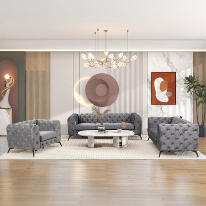 Ensemble de canapés rembourrés en velours 3 pièces Roomfitters avec pieds en métal robustes, comprenant un canapé trois places, une causeuse et une chaise simple