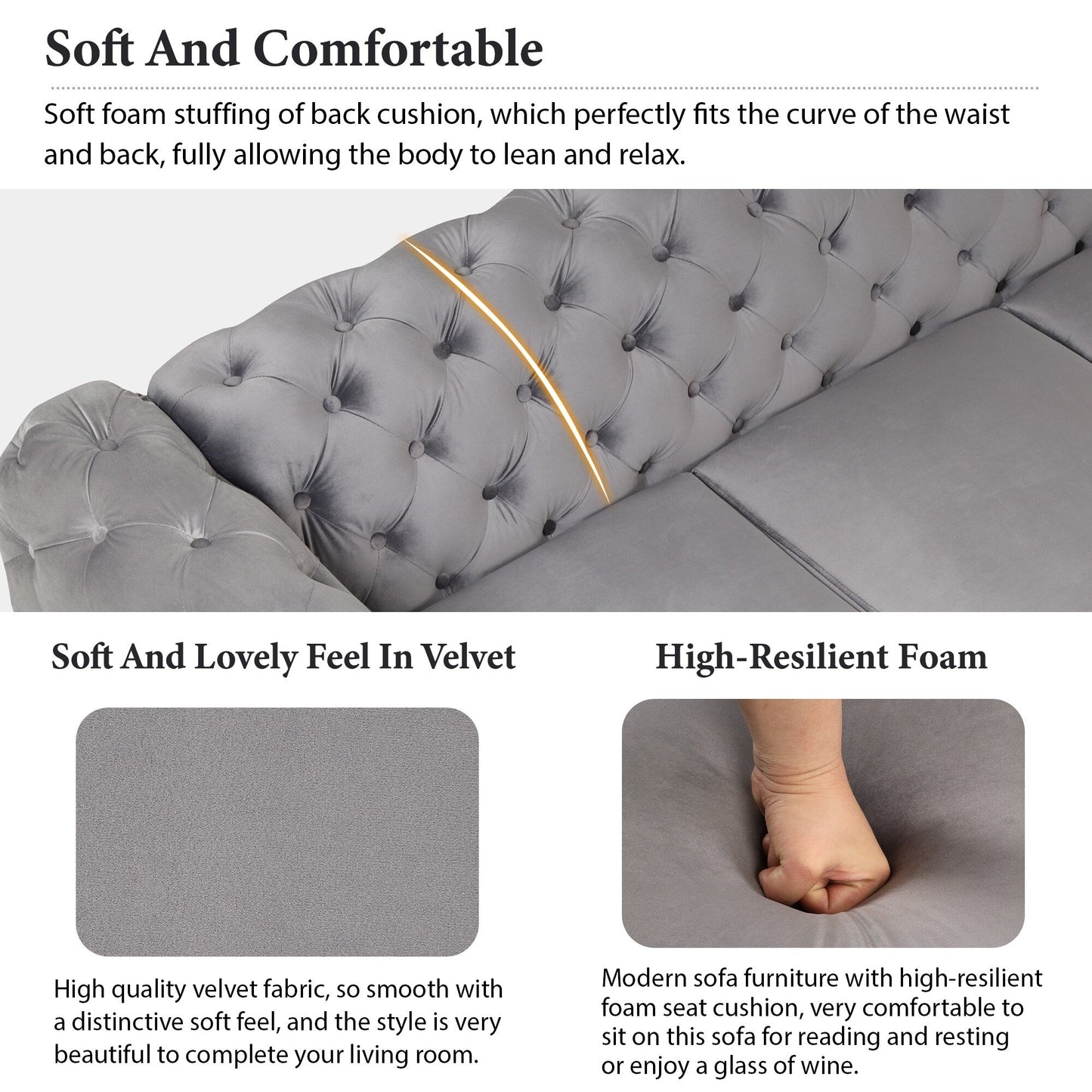 Ensemble de canapés rembourrés en velours 3 pièces Roomfitters avec pieds en métal robustes, comprenant un canapé trois places, une causeuse et une chaise simple