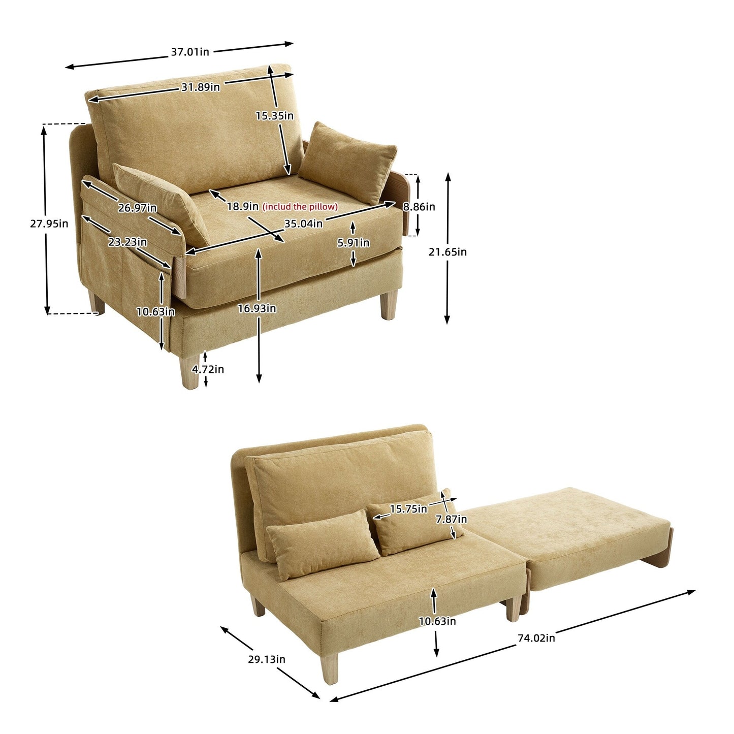 Canapé-lit inclinable pliable 3 en 1 Roomfitters, convertible avec oreillers pour petits espaces, chambre ou bureau