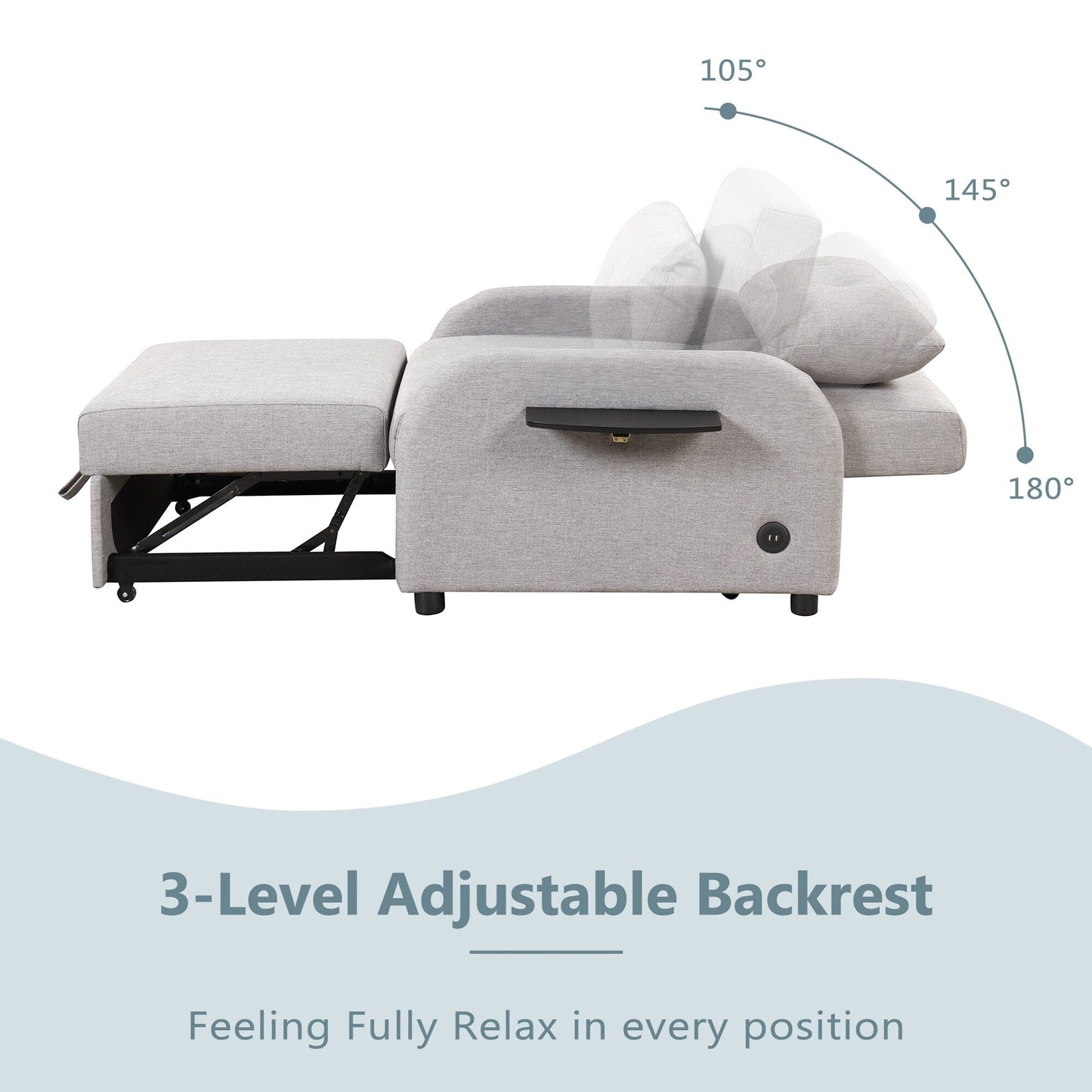 Canapé-lit gigogne 3 en 1 Roomfitters avec tables à oreilles, chargement USB et tissu adapté à la sieste pour le salon