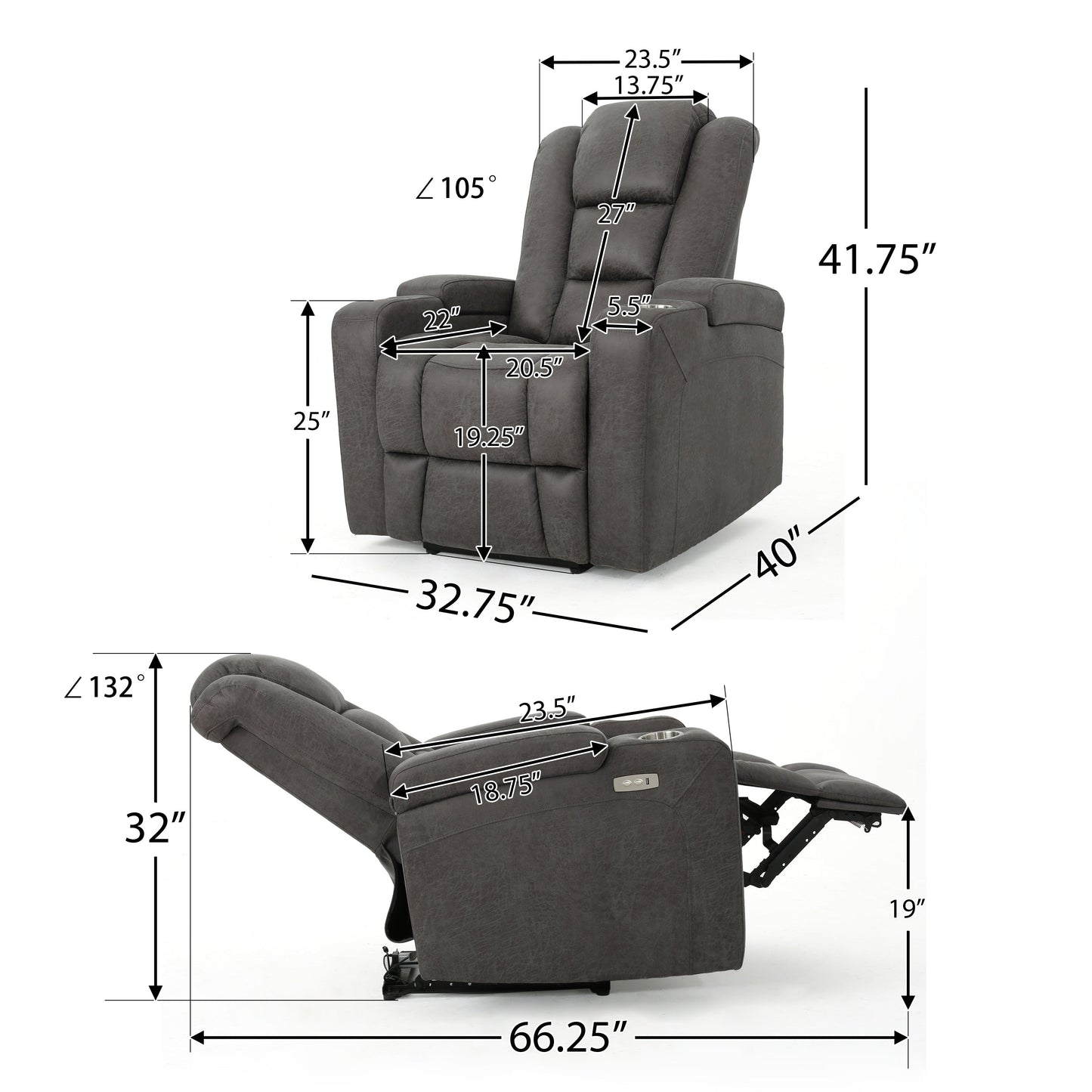 Fauteuil inclinable standard électrique Roomfitters 33 pouces avec rangement pour accoudoirs et port USB, ardoise