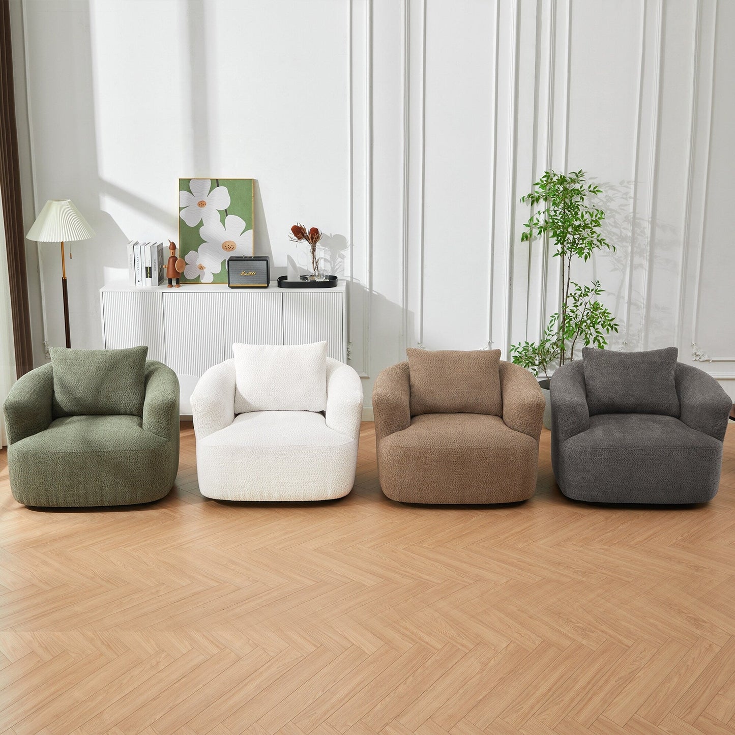Roomfitters Fauteuil pivotant 360° en chenille rembourré avec coussin décoratif pour salon, chambre, bureau, hôtel