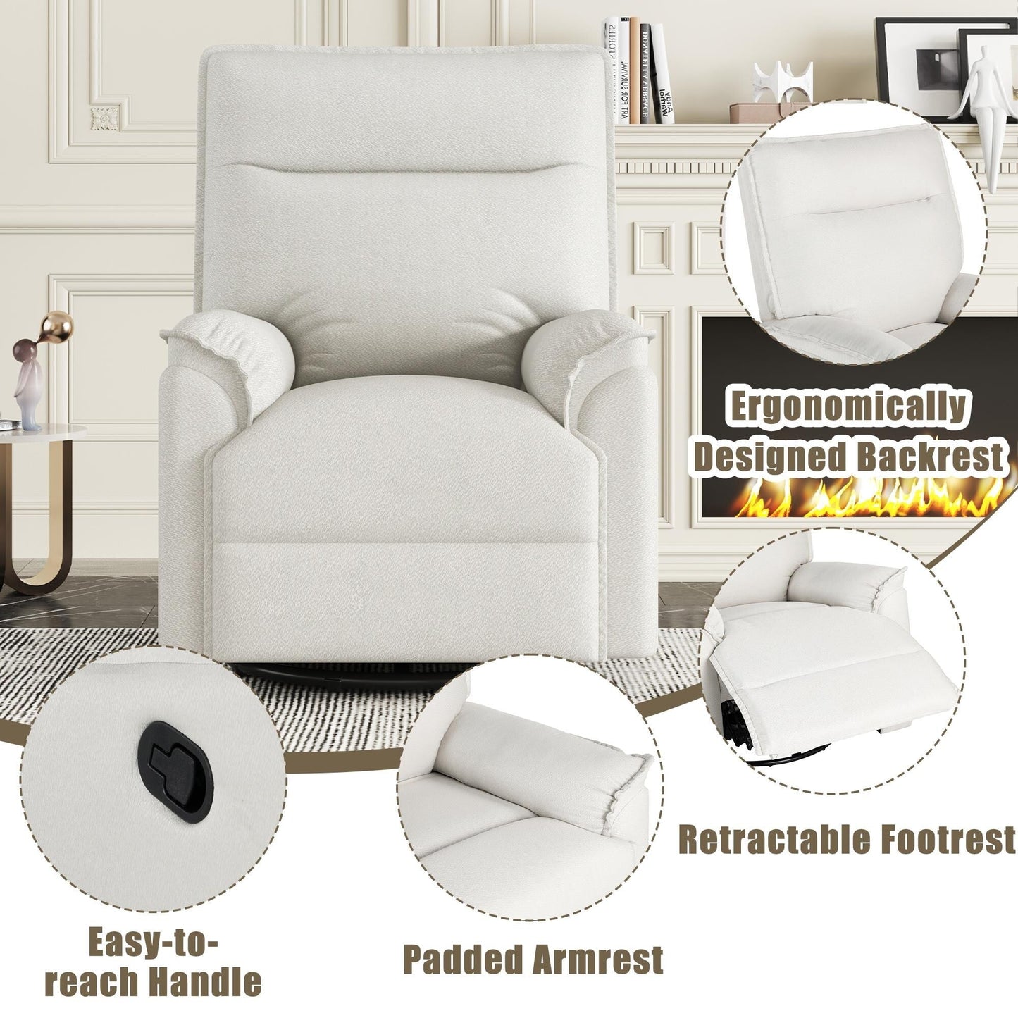 Fauteuil inclinable manuel rembourré pivotant à 360° Roomfitters, canapé inclinable polyvalent pour cinéma et fauteuil à bascule pour chambre d'enfant