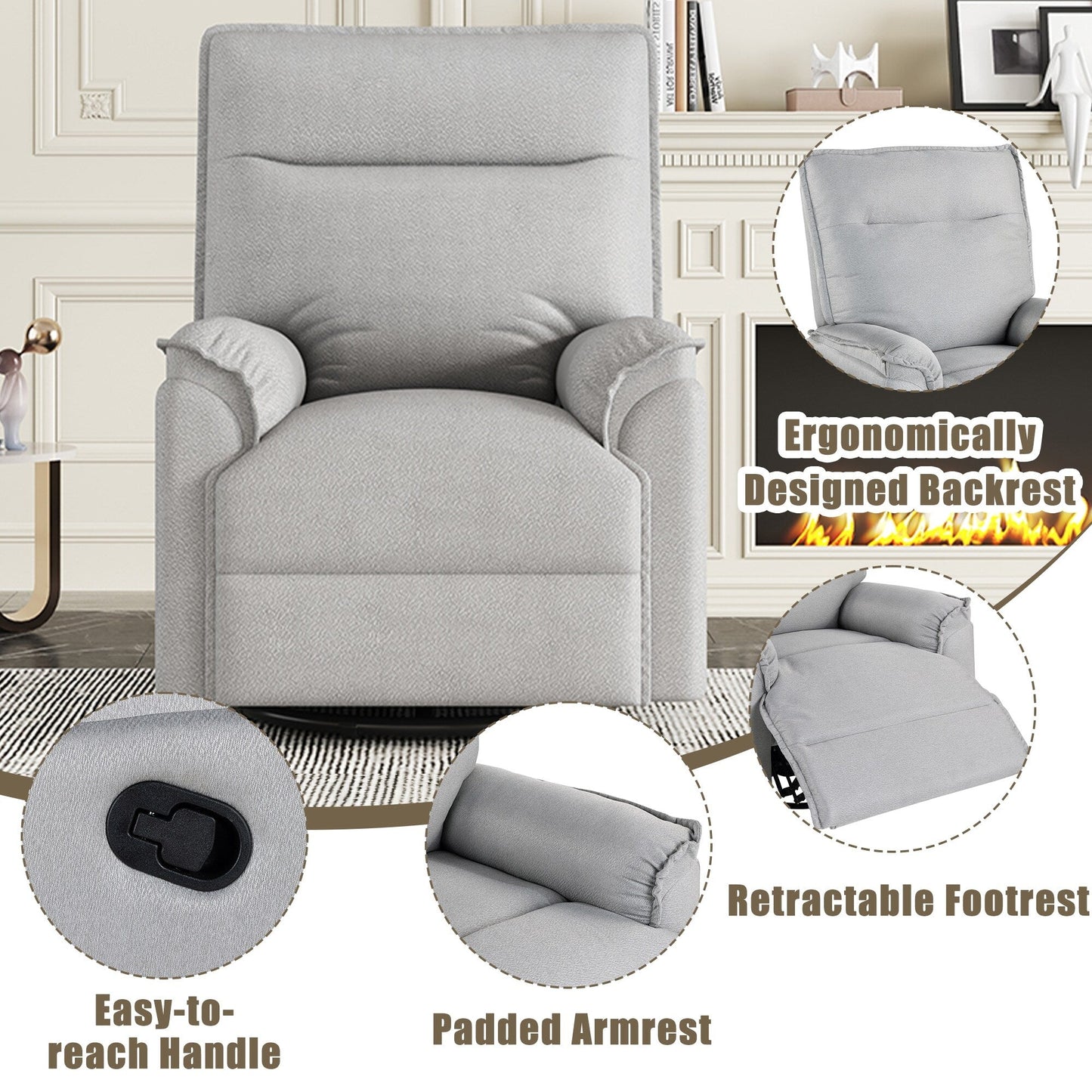 Fauteuil inclinable manuel rembourré pivotant à 360° Roomfitters, canapé inclinable polyvalent pour cinéma et fauteuil à bascule pour chambre d'enfant