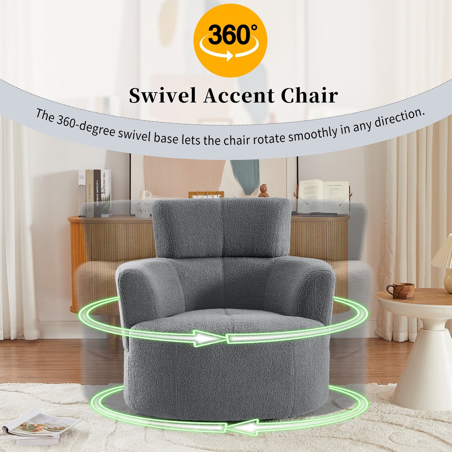 Fauteuil d'appoint pivotant à 360° rembourré Roomfitters avec appui-tête réglable pour salon