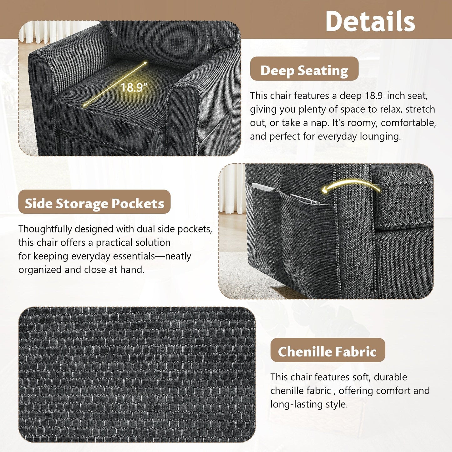 Fauteuil d'appoint pivotant à 360° rembourré Roomfitters avec poches latérales pour salon, chambre, bureau, hôtel