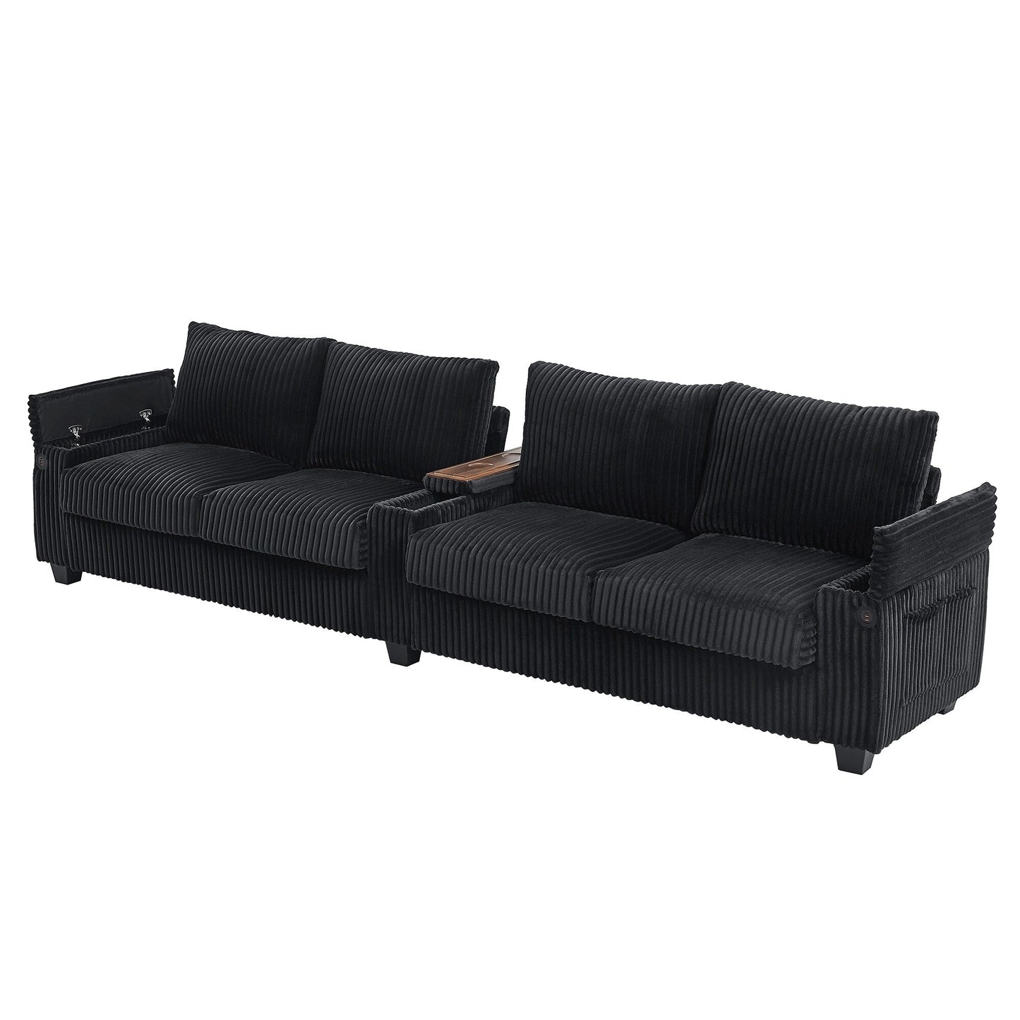 Canapé 4 places moderne en velours côtelé Roomfitters avec ports USB, accoudoirs de rangement dissimulés et porte-gobelets rabattables pour le salon