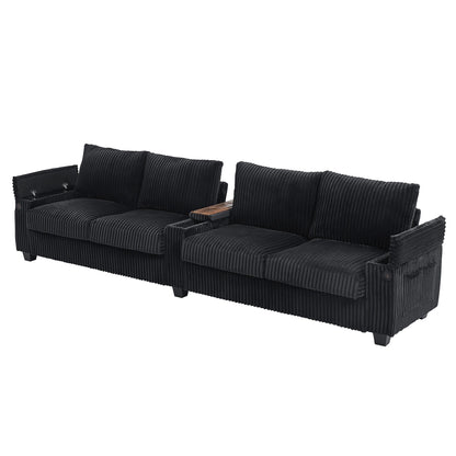 Canapé 4 places moderne en velours côtelé Roomfitters avec ports USB, accoudoirs de rangement dissimulés et porte-gobelets rabattables pour le salon