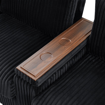 Canapé 4 places moderne en velours côtelé Roomfitters avec ports USB, accoudoirs de rangement dissimulés et porte-gobelets rabattables pour le salon