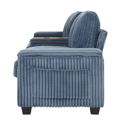 Canapé 4 places moderne en velours côtelé Roomfitters avec ports USB, accoudoirs de rangement dissimulés et porte-gobelets rabattables pour le salon