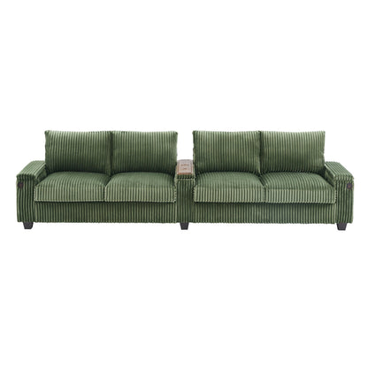 Canapé 4 places moderne en velours côtelé Roomfitters avec ports USB, accoudoirs de rangement dissimulés et porte-gobelets rabattables pour le salon