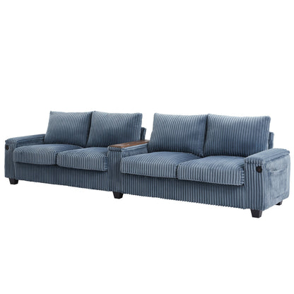 Canapé 4 places moderne en velours côtelé Roomfitters avec ports USB, accoudoirs de rangement dissimulés et porte-gobelets rabattables pour le salon