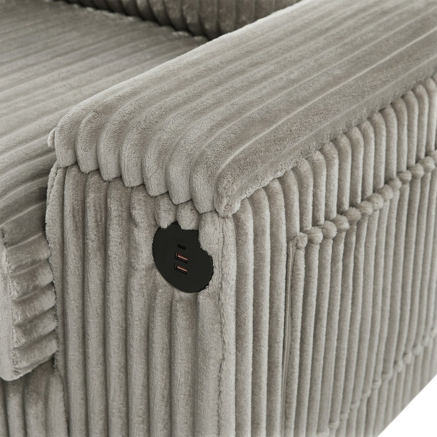 Canapé 4 places moderne en velours côtelé Roomfitters avec ports USB, accoudoirs de rangement dissimulés et porte-gobelets rabattables pour le salon