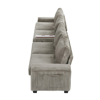 Canapé 4 places moderne en velours côtelé Roomfitters avec ports USB, accoudoirs de rangement dissimulés et porte-gobelets rabattables pour le salon