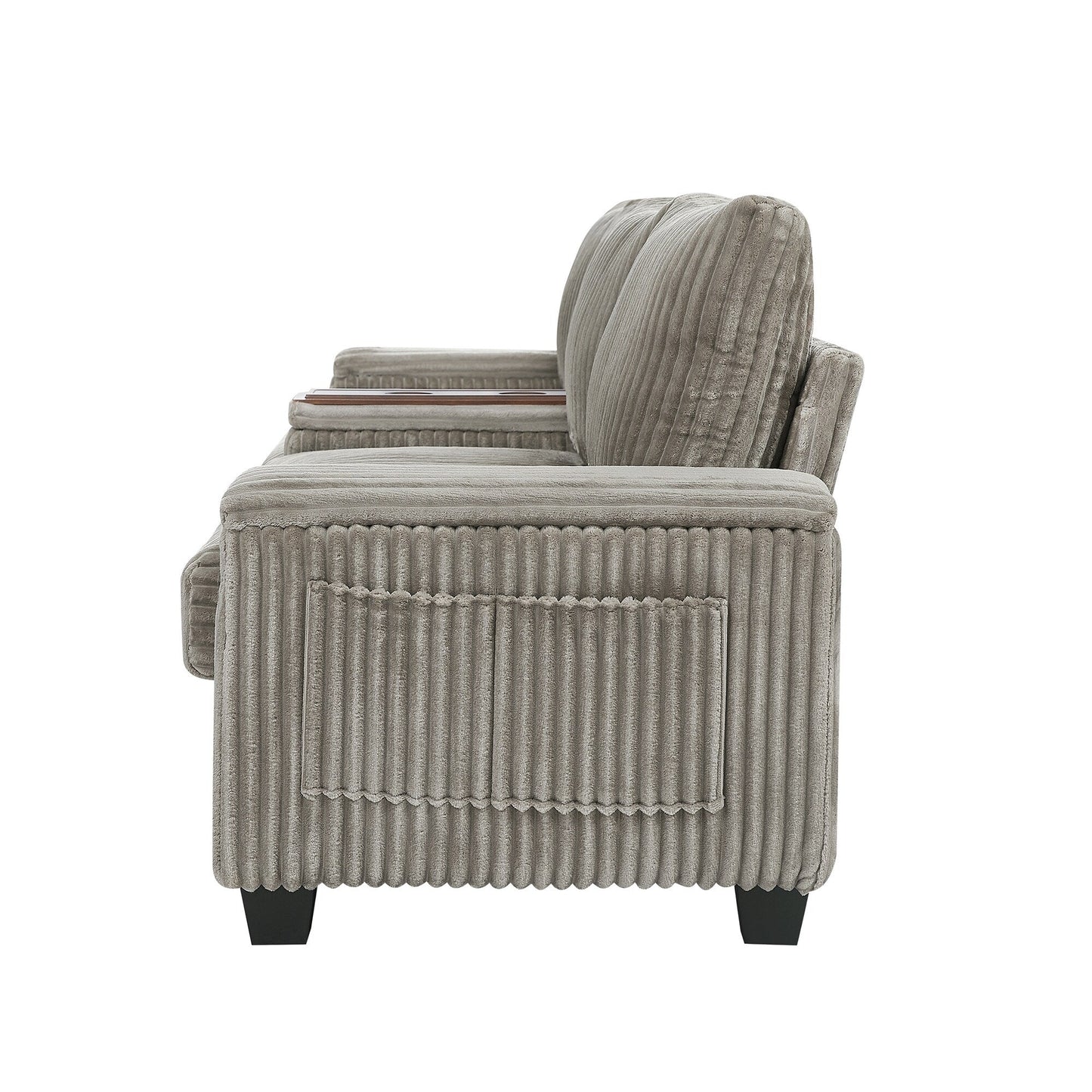 Canapé 4 places moderne en velours côtelé Roomfitters avec ports USB, accoudoirs de rangement dissimulés et porte-gobelets rabattables pour le salon