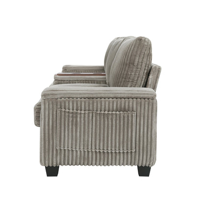 Canapé 4 places moderne en velours côtelé Roomfitters avec ports USB, accoudoirs de rangement dissimulés et porte-gobelets rabattables pour le salon