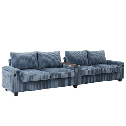 Canapé 4 places moderne en velours côtelé Roomfitters avec ports USB, accoudoirs de rangement dissimulés et porte-gobelets rabattables pour le salon
