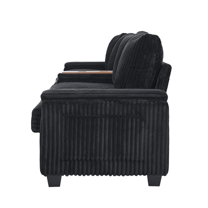 Canapé 4 places moderne en velours côtelé Roomfitters avec ports USB, accoudoirs de rangement dissimulés et porte-gobelets rabattables pour le salon