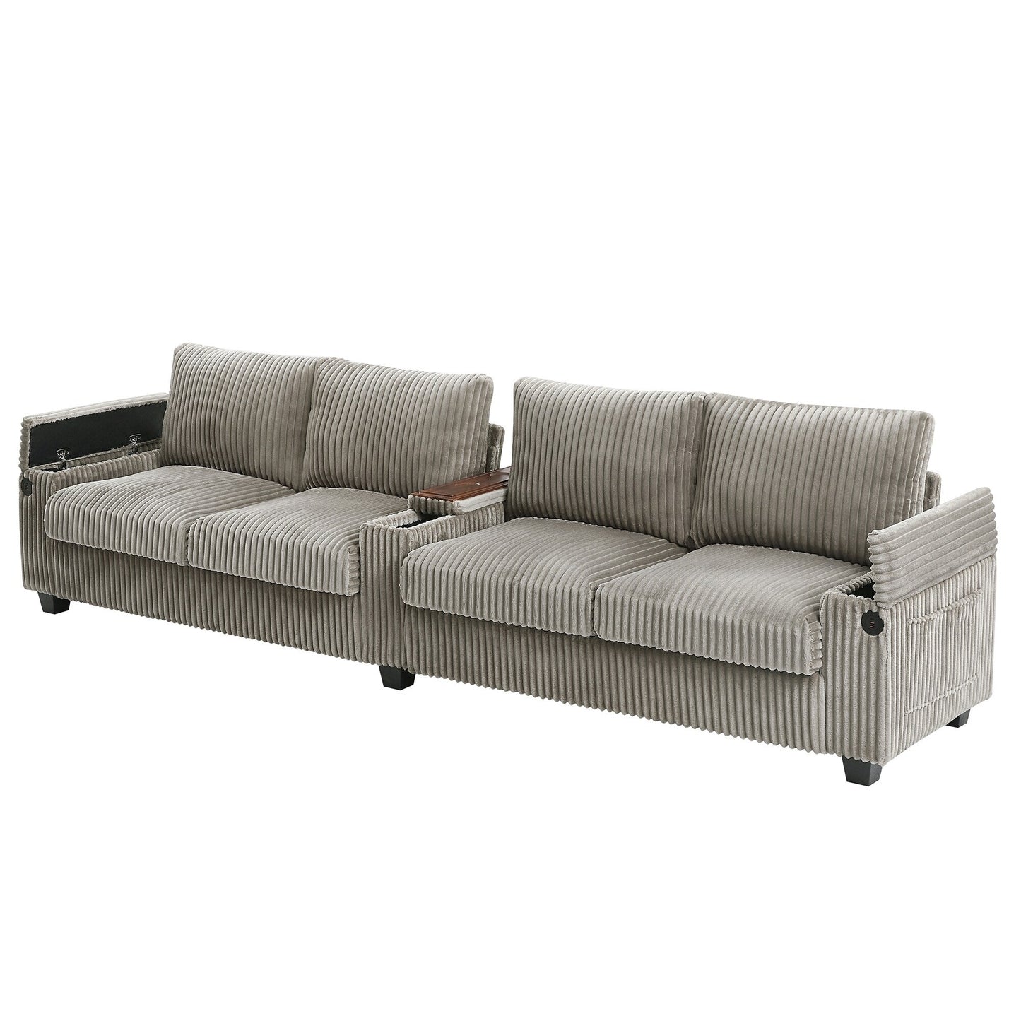 Canapé 4 places moderne en velours côtelé Roomfitters avec ports USB, accoudoirs de rangement dissimulés et porte-gobelets rabattables pour le salon