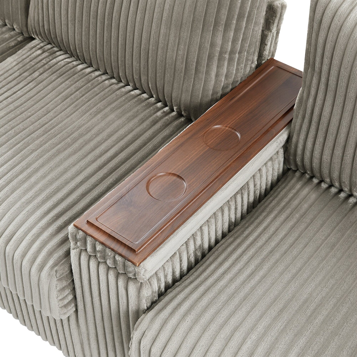 Canapé 4 places moderne en velours côtelé Roomfitters avec ports USB, accoudoirs de rangement dissimulés et porte-gobelets rabattables pour le salon