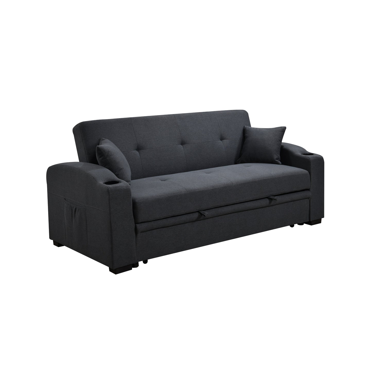 Canapé convertible 3 en 1 Roomfitters de 75 pouces, moderne, avec lit gigogne pratique, dossier inclinable, porte-gobelets et oreillers.