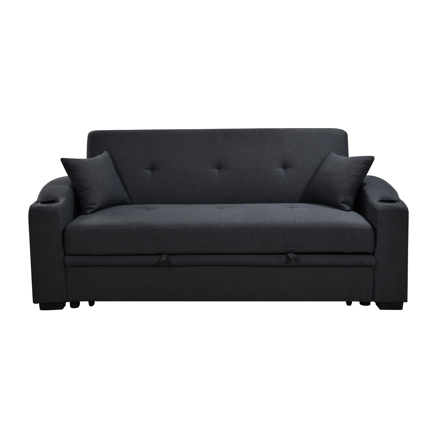 Canapé convertible 3 en 1 Roomfitters de 75 pouces, moderne, avec lit gigogne pratique, dossier inclinable, porte-gobelets et oreillers.