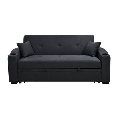 Canapé convertible 3 en 1 Roomfitters de 75 pouces, moderne, avec lit gigogne pratique, dossier inclinable, porte-gobelets et oreillers.