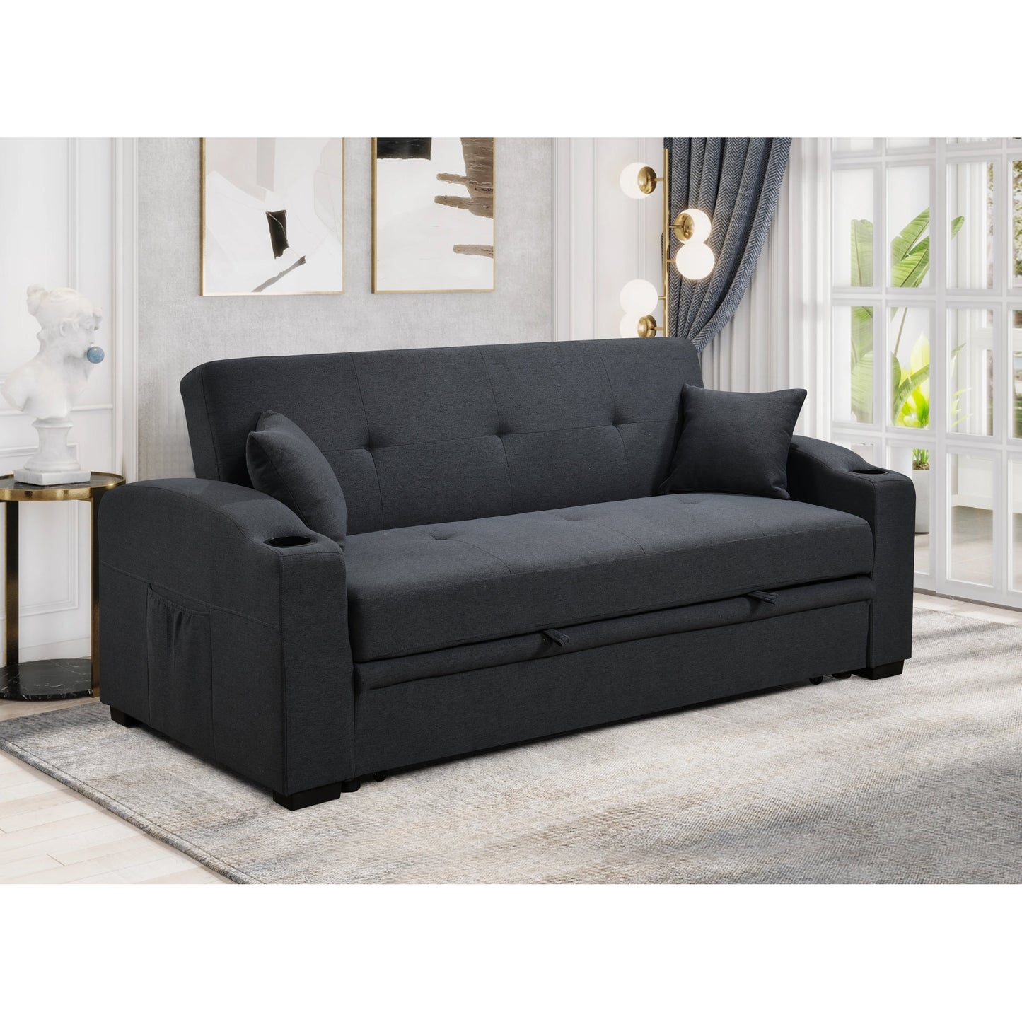 Canapé convertible 3 en 1 Roomfitters de 75 pouces, moderne, avec lit gigogne pratique, dossier inclinable, porte-gobelets et oreillers.