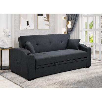 Canapé convertible 3 en 1 Roomfitters de 75 pouces, moderne, avec lit gigogne pratique, dossier inclinable, porte-gobelets et oreillers.