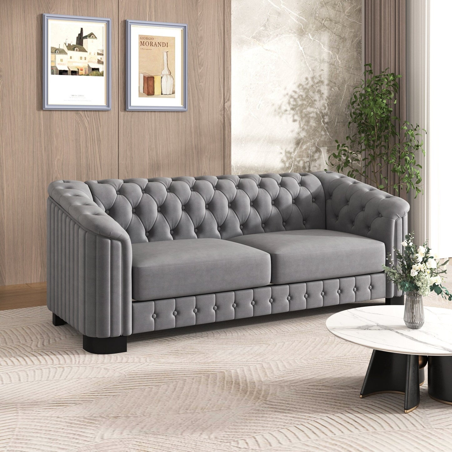 Canapé 3 places Roomfitters 82.4 en velours moderne du milieu du siècle avec pieds en bois d'hévéa et coussin d'assise épais et amovible