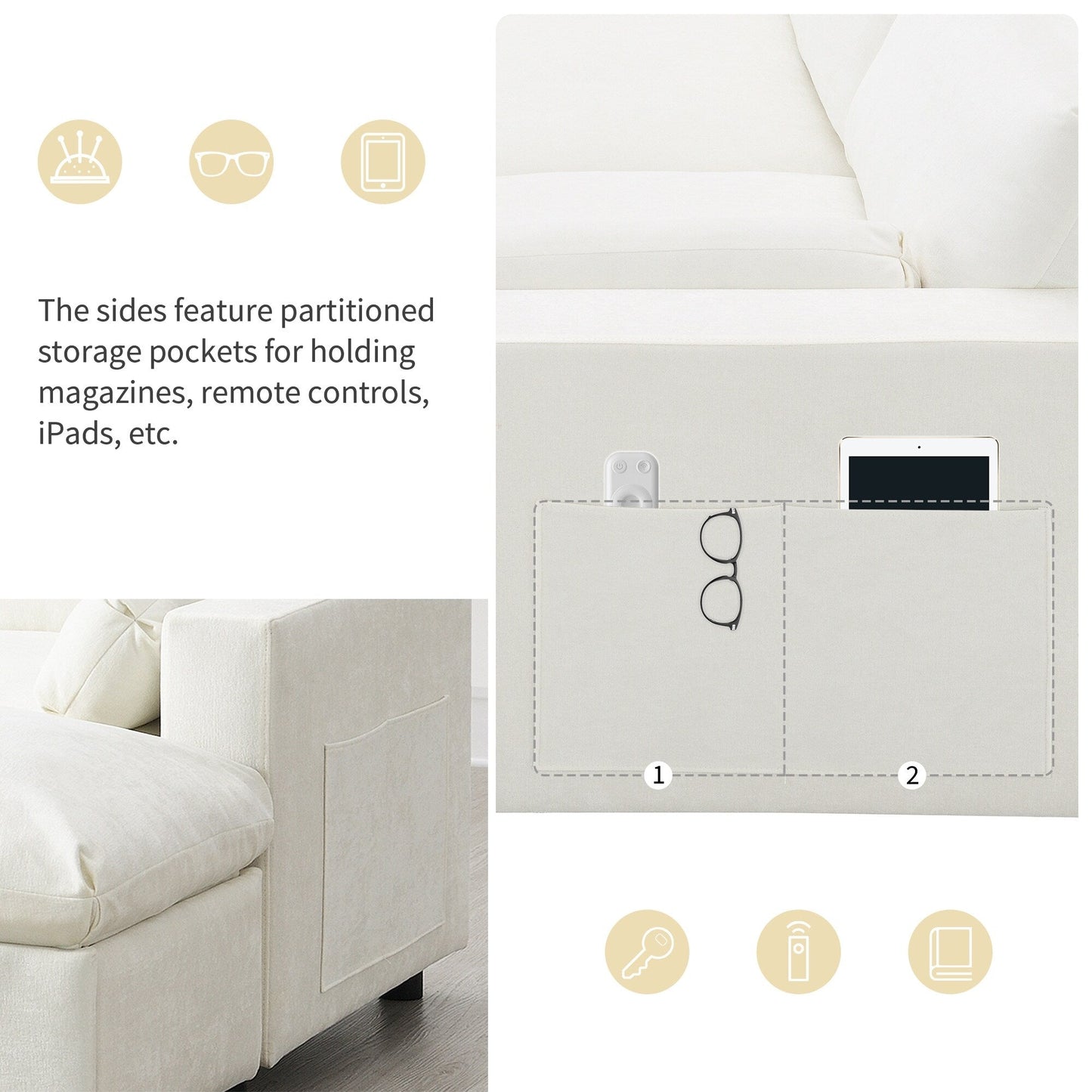 Canapé modulable sectionnel Roomfitters 86,5 en chenille, poches de rangement, canapé 5 places en U avec oreillers et 2 poufs