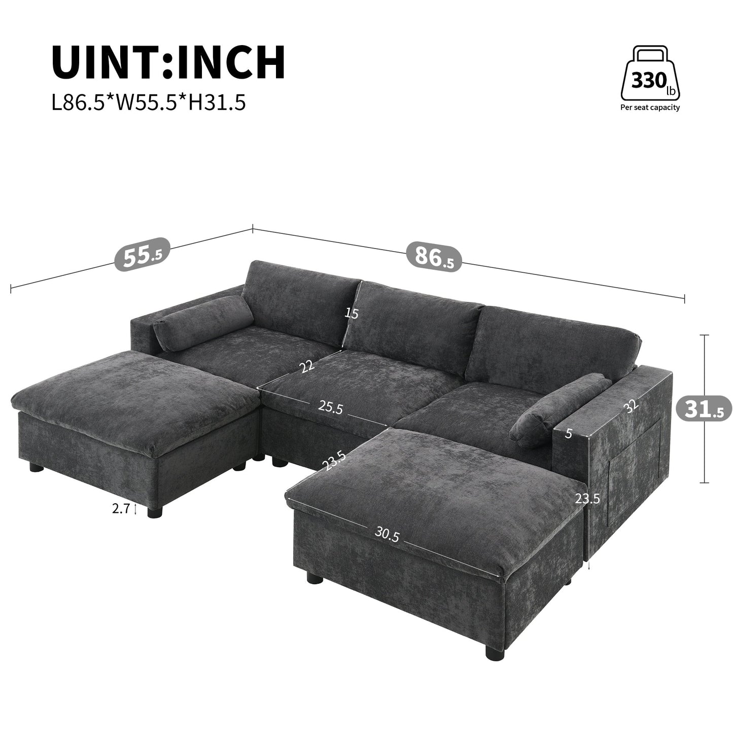Canapé modulable sectionnel Roomfitters 86,5 en chenille, poches de rangement, canapé 5 places en U avec oreillers et 2 poufs