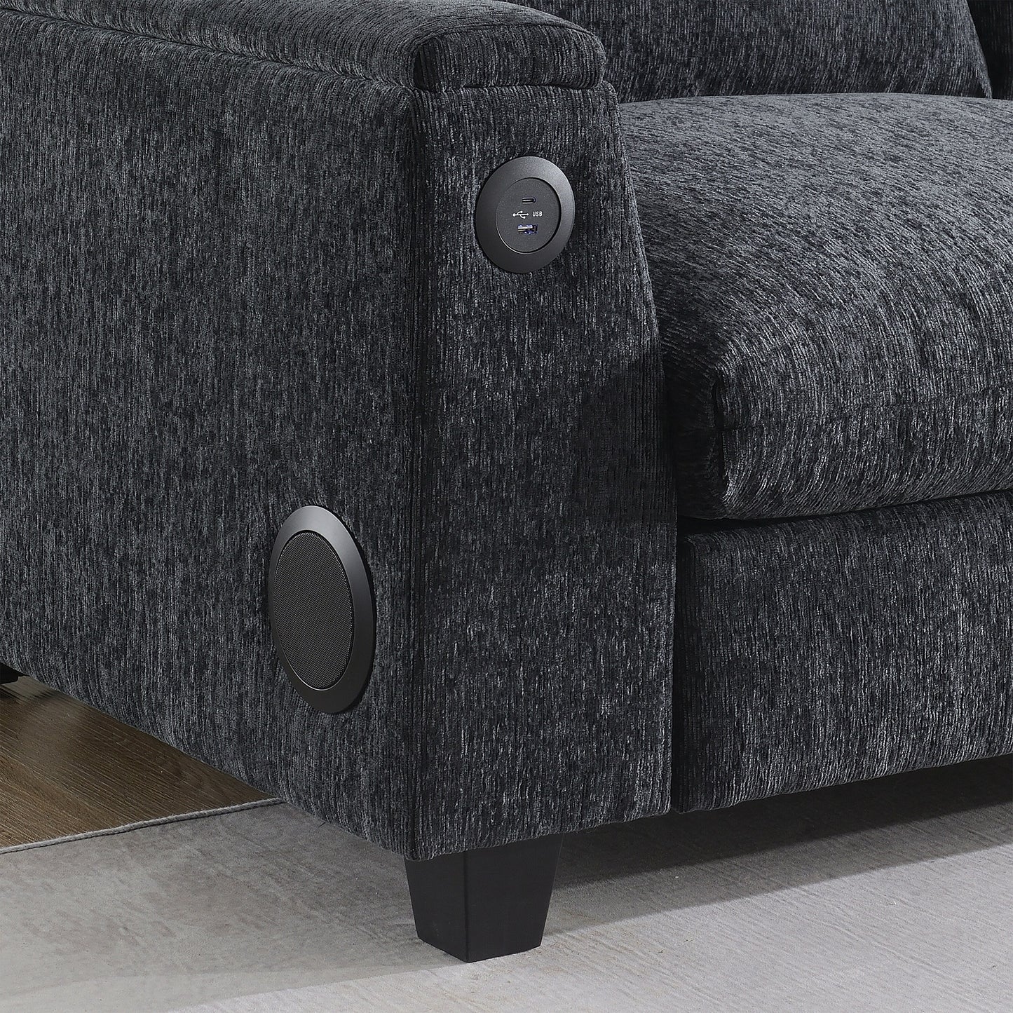 Canapé sectionnel en chenille Roomfitters 96'' x 35'' avec haut-parleur Bluetooth, ensemble de canapés Cloud confortable avec table rabattable et chargeur USB