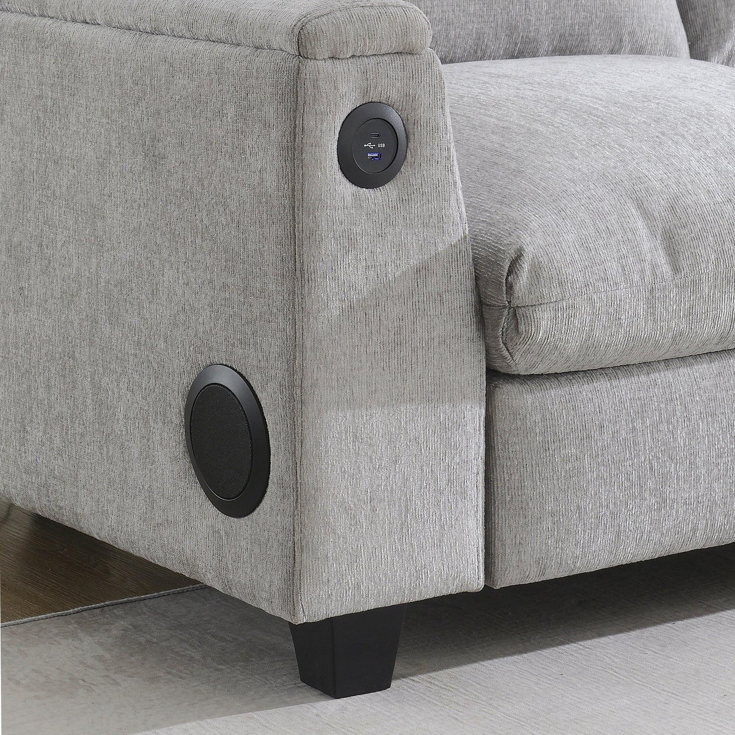 Canapé sectionnel en chenille Roomfitters 96'' x 35'' avec haut-parleur Bluetooth, ensemble de canapés Cloud confortable avec table rabattable et chargeur USB