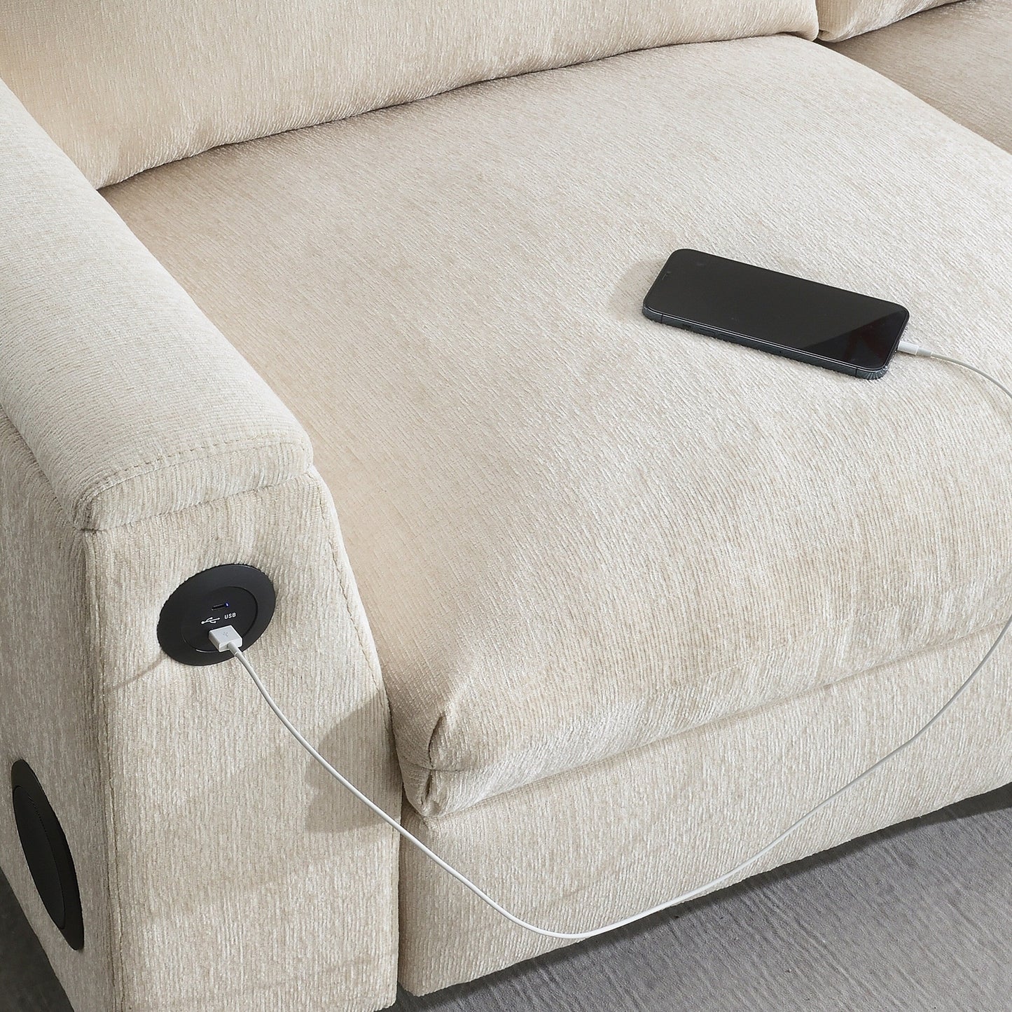 Canapé sectionnel en chenille Roomfitters 96'' x 35'' avec haut-parleur Bluetooth, ensemble de canapés Cloud confortable avec table rabattable et chargeur USB