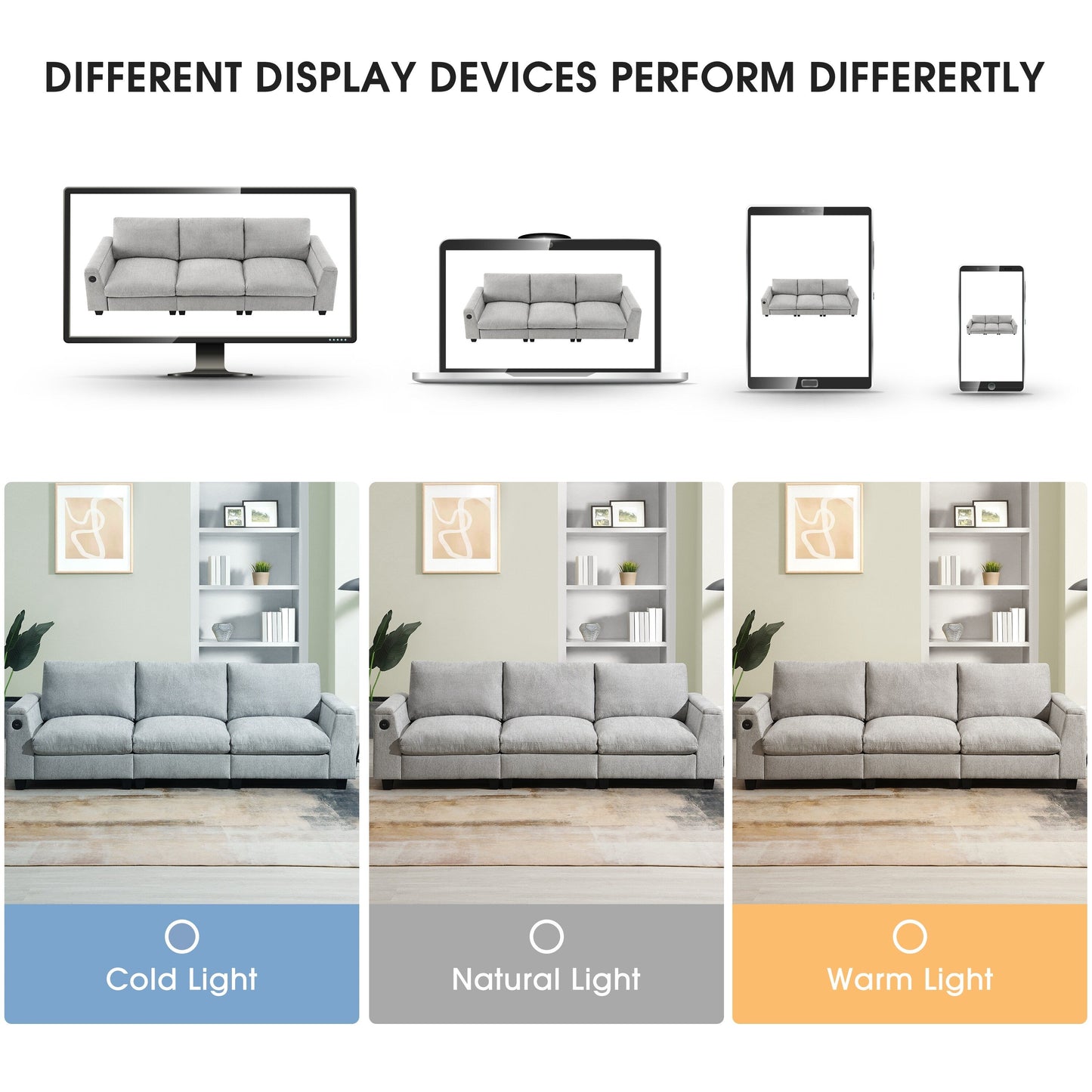 Canapé sectionnel en chenille Roomfitters 96'' x 35'' avec haut-parleur Bluetooth, ensemble de canapés Cloud confortable avec table rabattable et chargeur USB