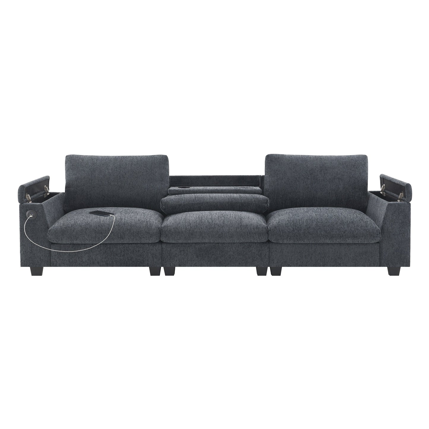 Canapé sectionnel en chenille Roomfitters 96'' x 35'' avec haut-parleur Bluetooth, ensemble de canapés Cloud confortable avec table rabattable et chargeur USB