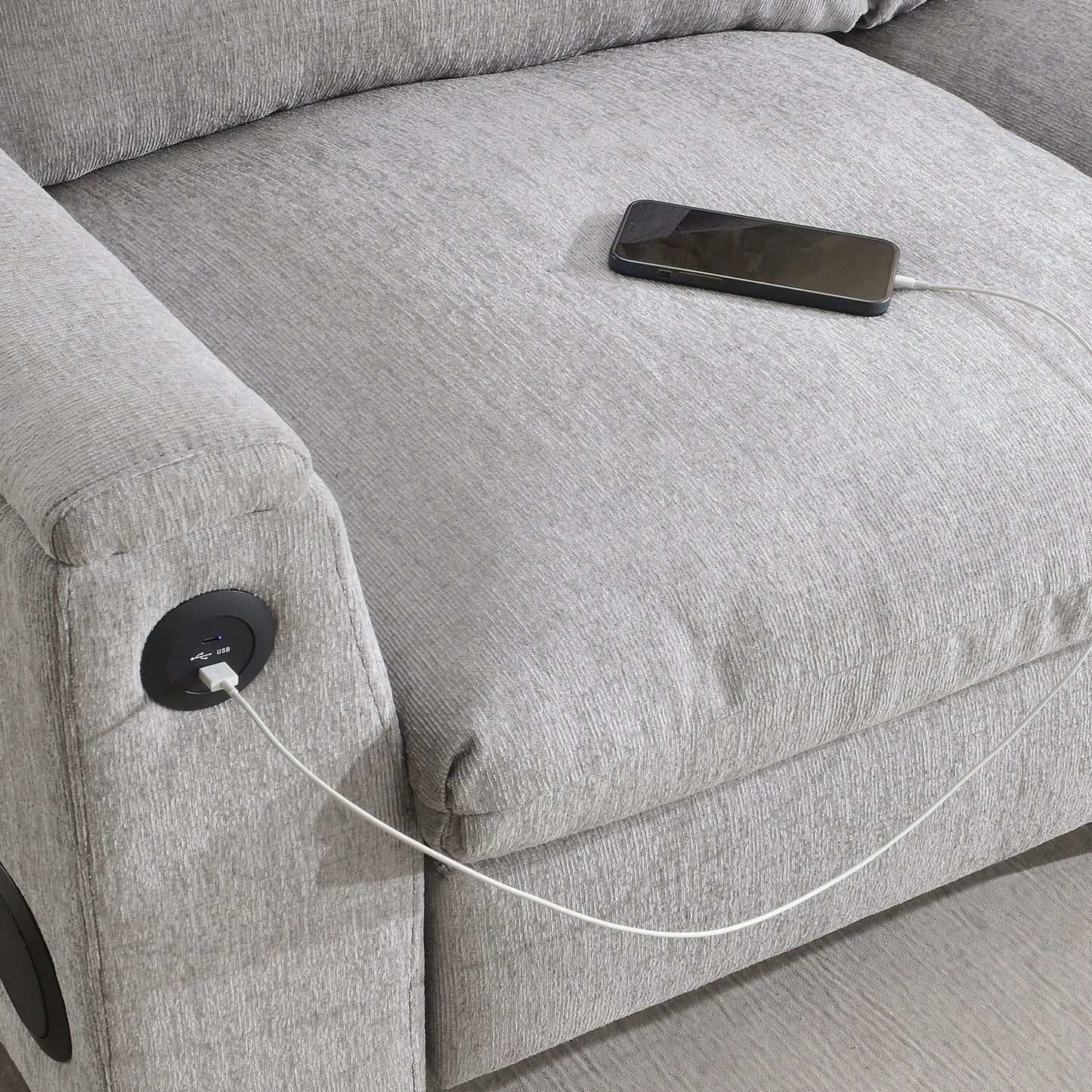 Canapé sectionnel en chenille Roomfitters 96'' x 35'' avec haut-parleur Bluetooth, ensemble de canapés Cloud confortable avec table rabattable et chargeur USB