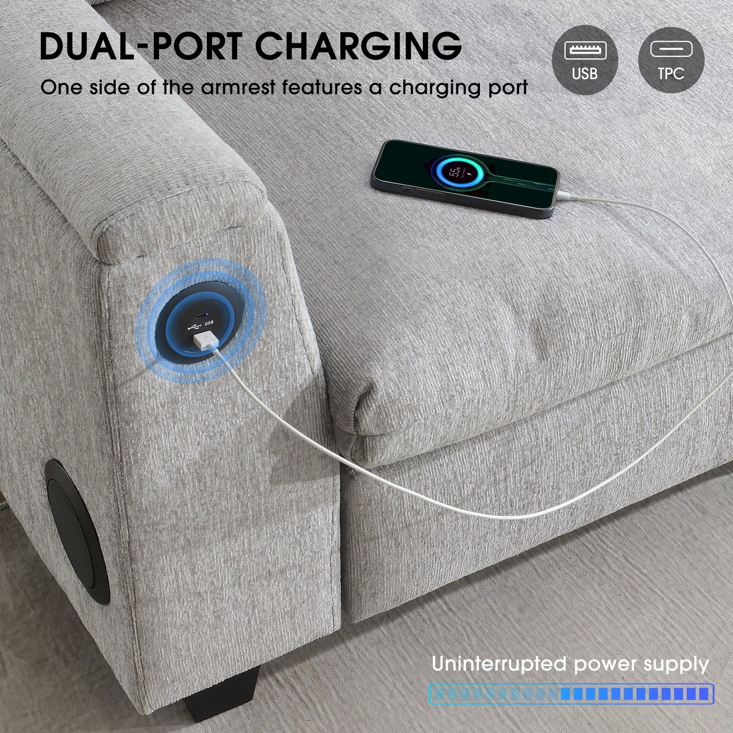 Canapé sectionnel en chenille Roomfitters 96'' x 35'' avec haut-parleur Bluetooth, ensemble de canapés Cloud confortable avec table rabattable et chargeur USB