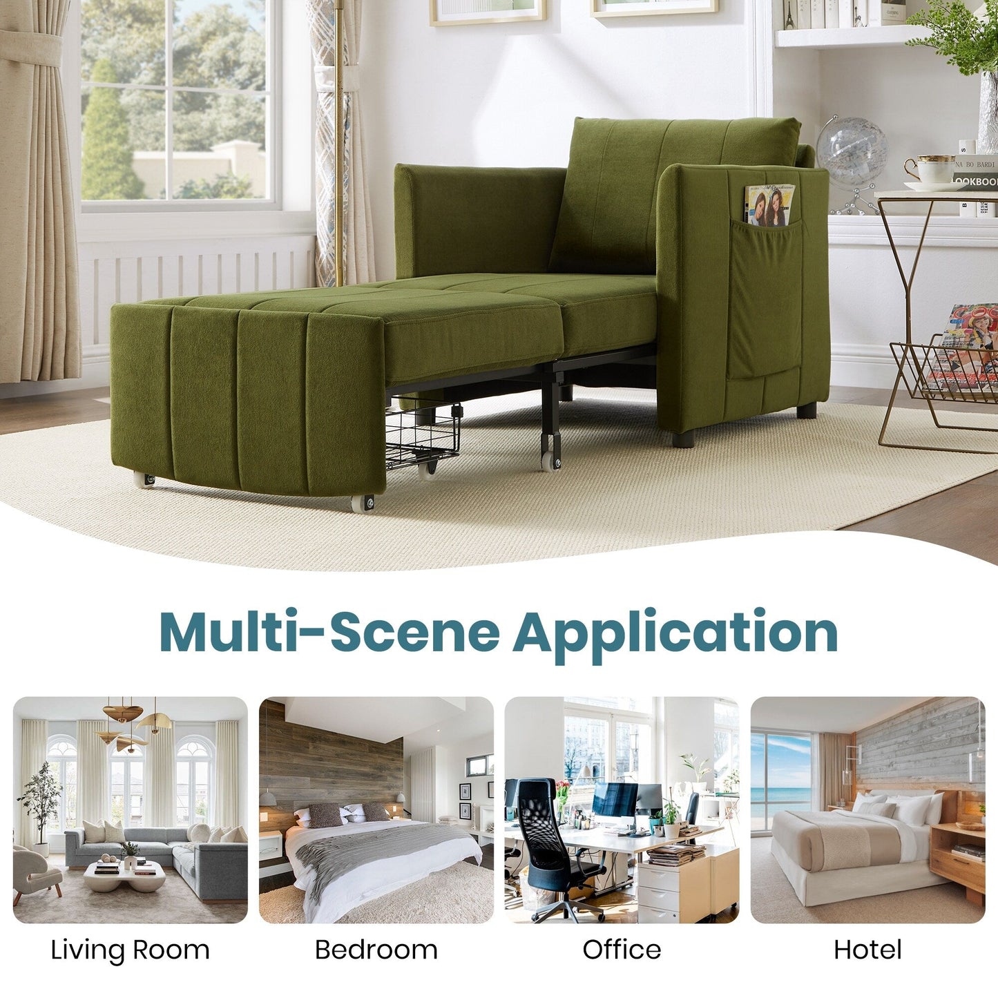 Canapé-lit convertible Roomfitters avec lit gigogne, dossier réglable en 5 positions, poches latérales et panier de rangement