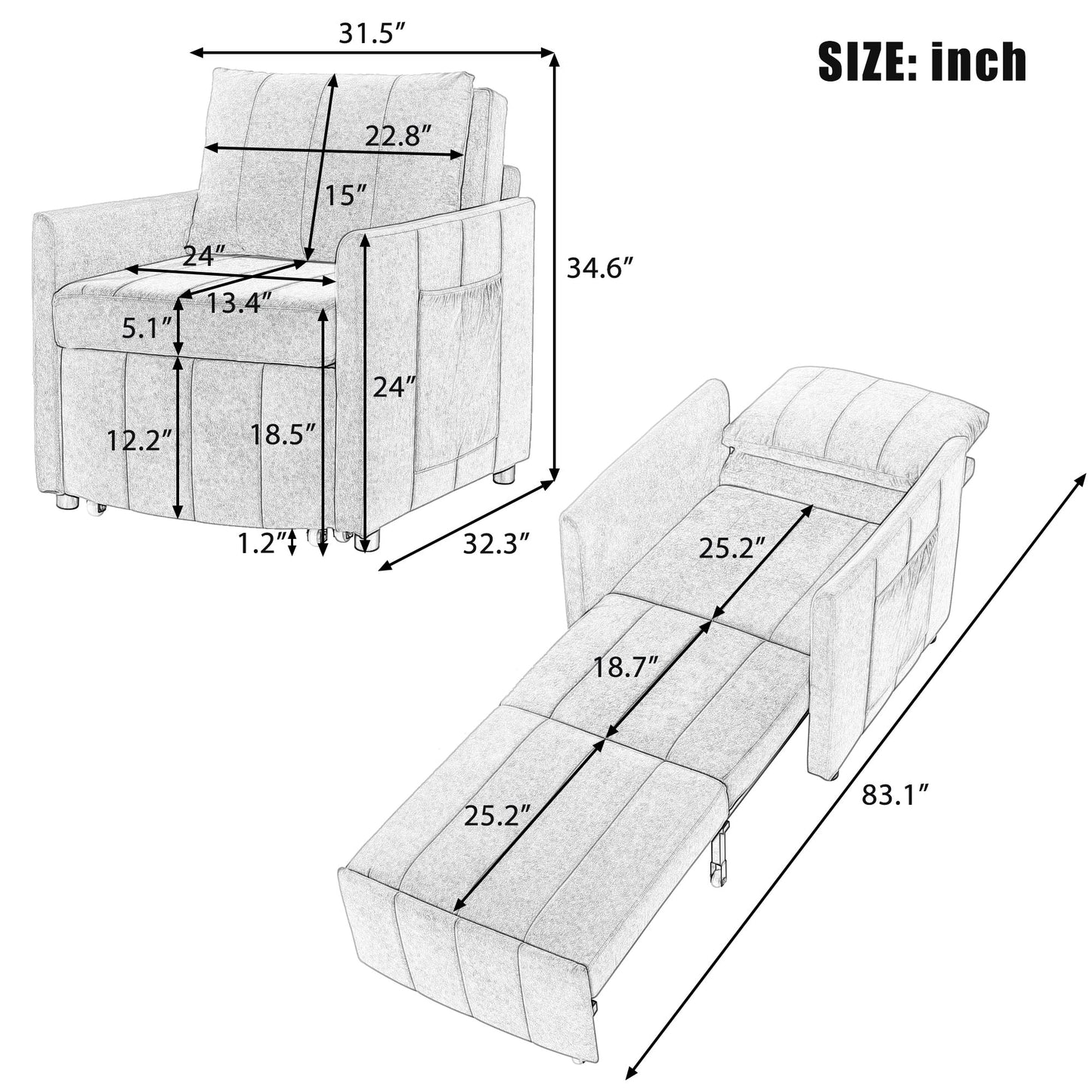 Canapé-lit convertible Roomfitters avec lit gigogne, dossier réglable en 5 positions, poches latérales et panier de rangement