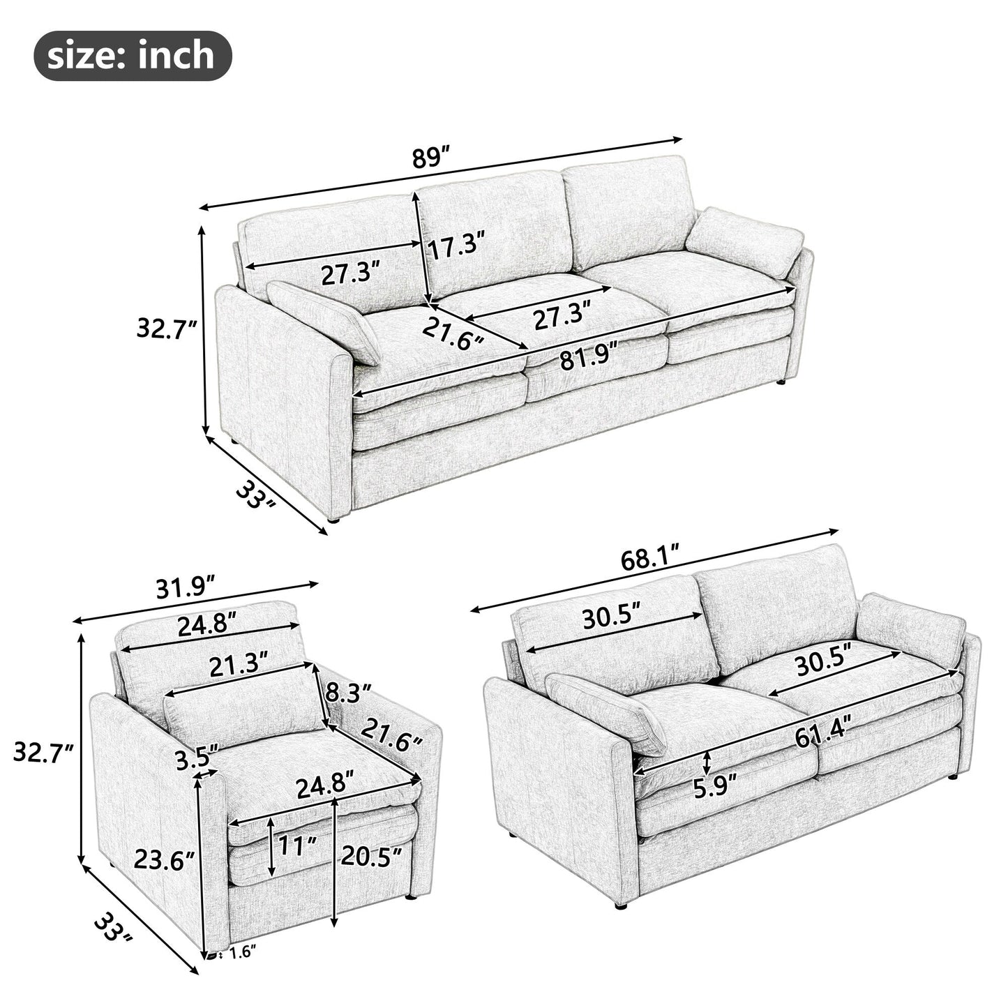 Ensemble de canapés rembourrés Roomfitters Cozy Oversize Cloud, 3 pièces, avec coussins doubles en peluche pour le salon